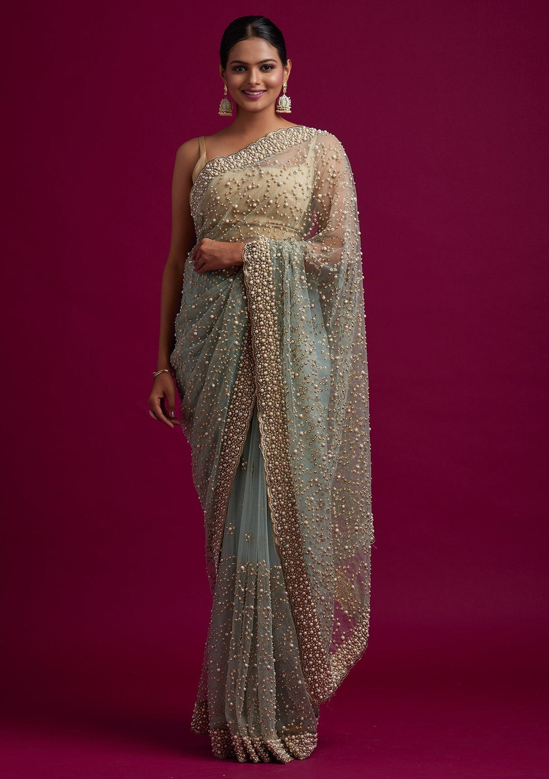 Sea Green Pearlwork Net Designer Saree - koskii