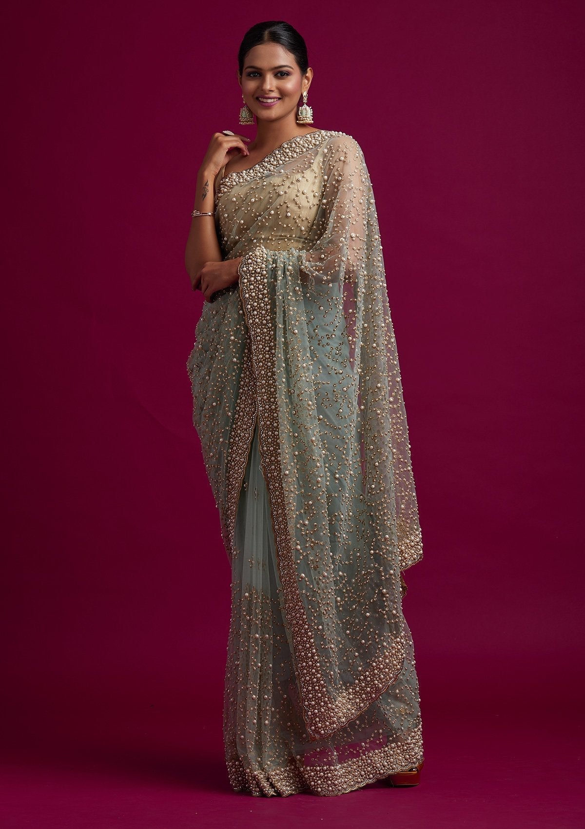 Sea Green Pearlwork Net Designer Saree - koskii