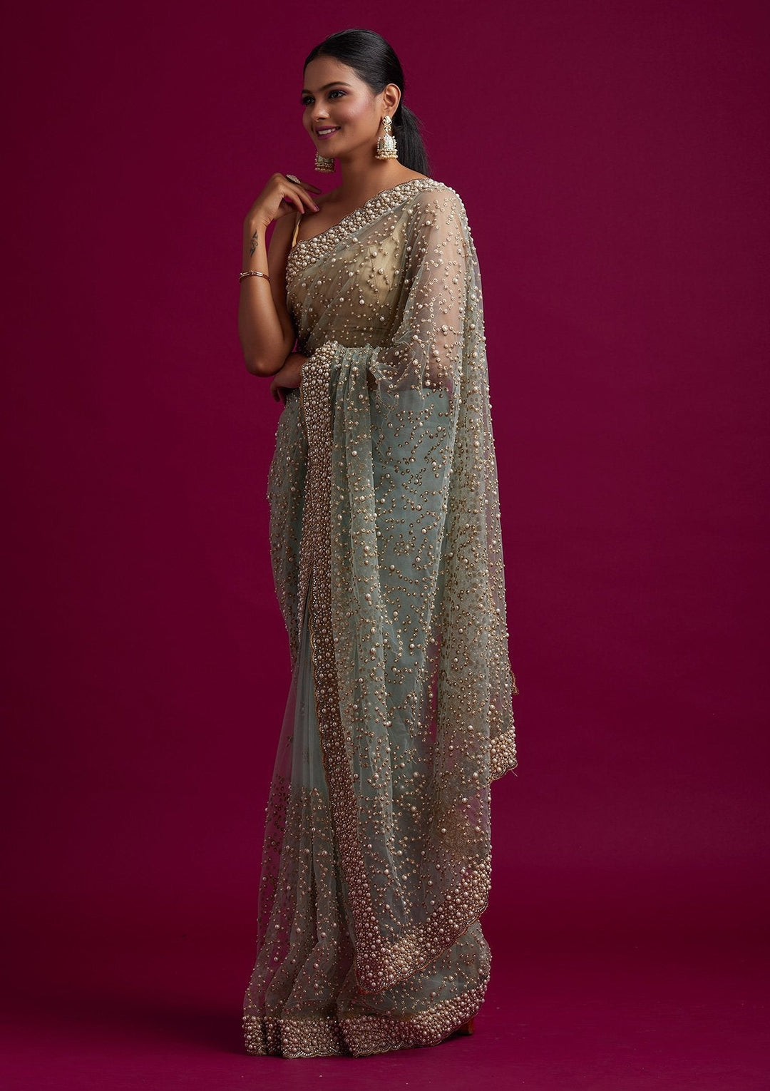 Sea Green Pearlwork Net Designer Saree - koskii