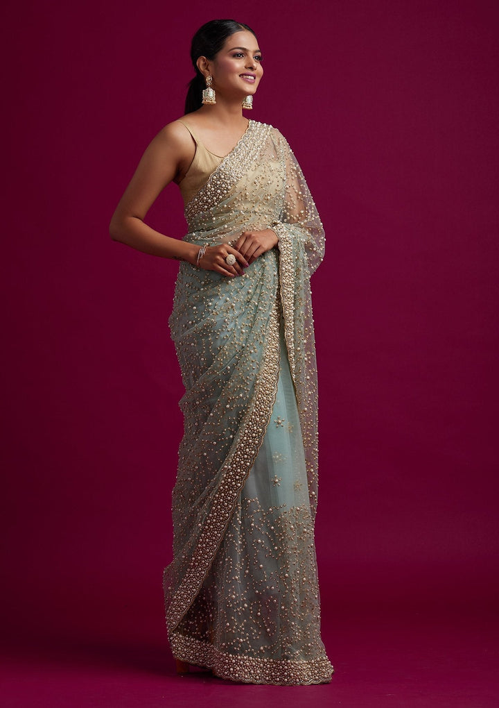 Sea Green Pearlwork Net Designer Saree - koskii
