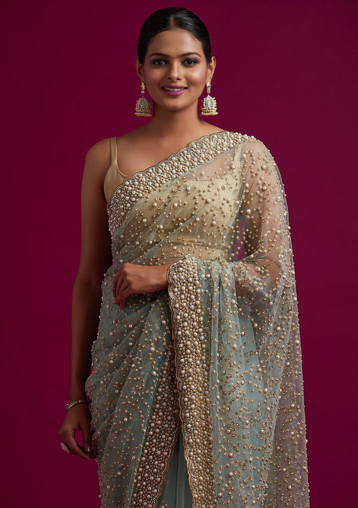 Sea Green Pearlwork Net Designer Saree - koskii