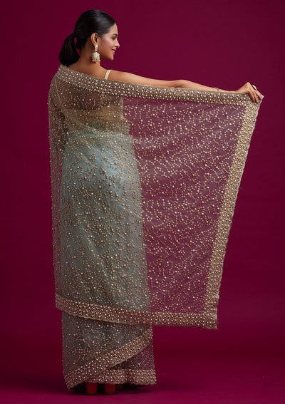 Sea Green Pearlwork Net Designer Saree - koskii