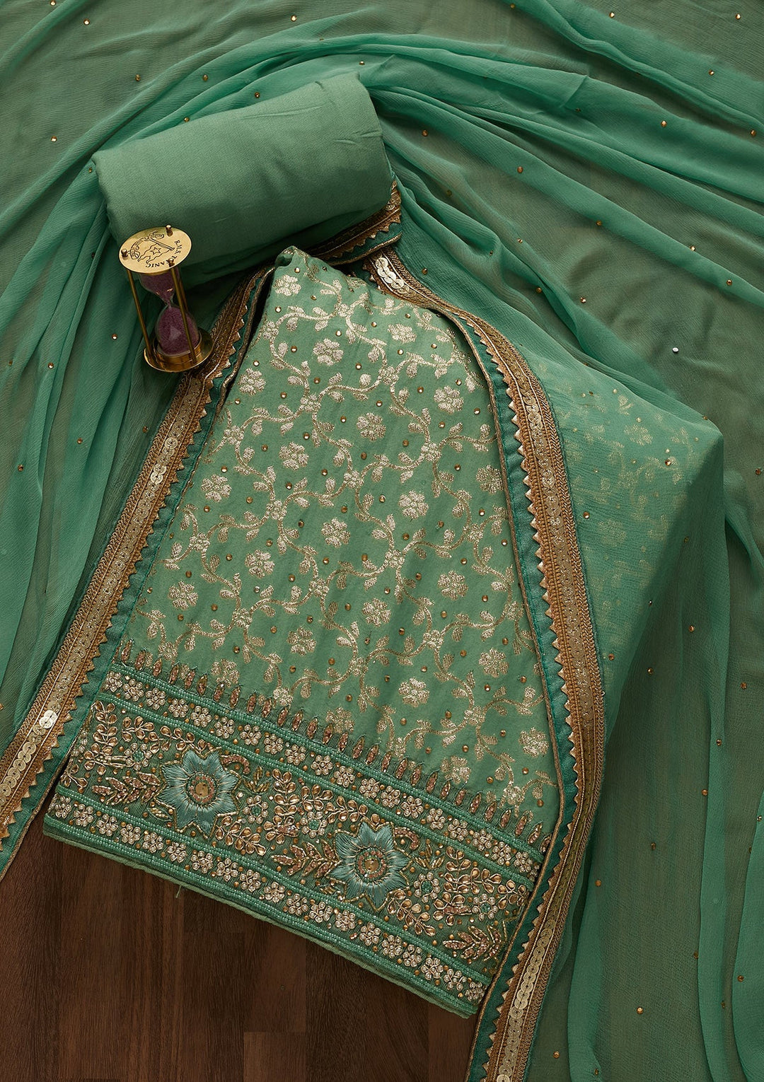 Sea Green Pearlwork Raw Silk Unstitched Salwar Suit-Koskii