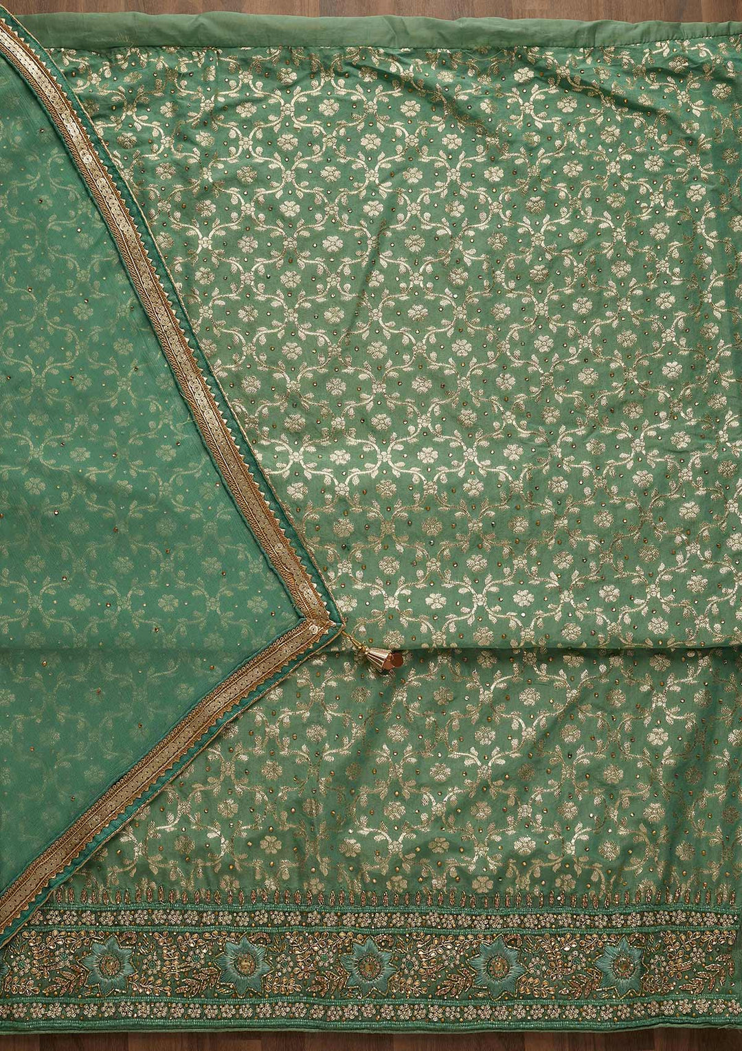 Sea Green Pearlwork Raw Silk Unstitched Salwar Suit-Koskii