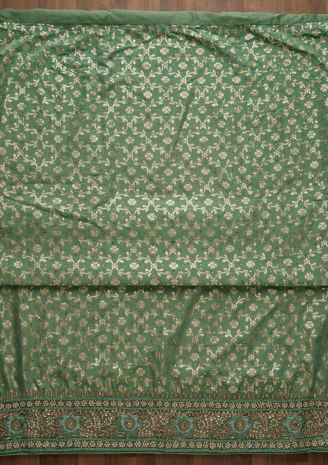Sea Green Pearlwork Raw Silk Unstitched Salwar Suit-Koskii