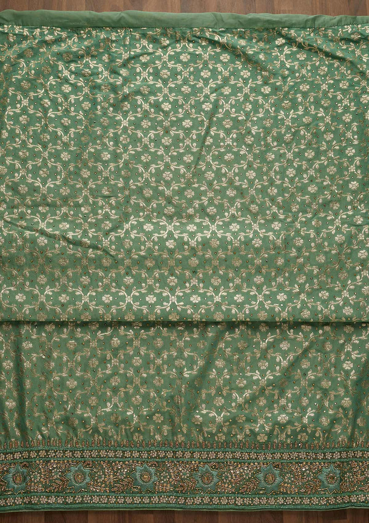 Sea Green Pearlwork Raw Silk Unstitched Salwar Suit-Koskii