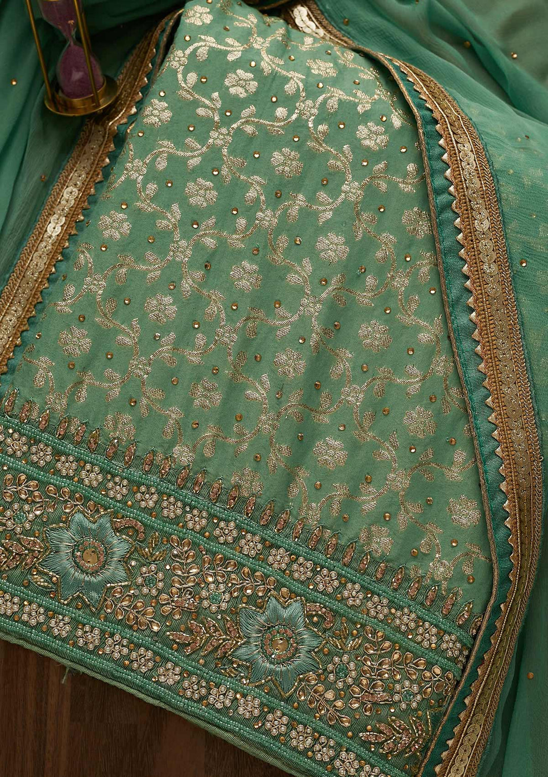 Sea Green Pearlwork Raw Silk Unstitched Salwar Suit-Koskii