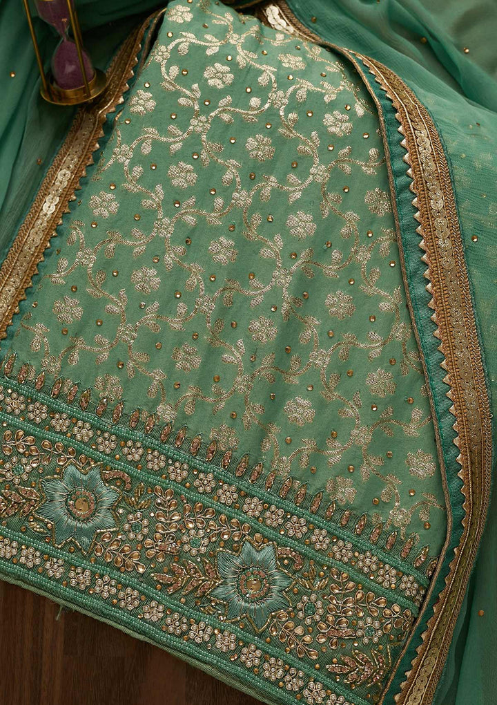 Sea Green Pearlwork Raw Silk Unstitched Salwar Suit-Koskii
