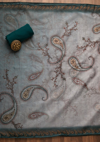 Sea Green Print Tissue Unstitched Salwar Suit-Koskii