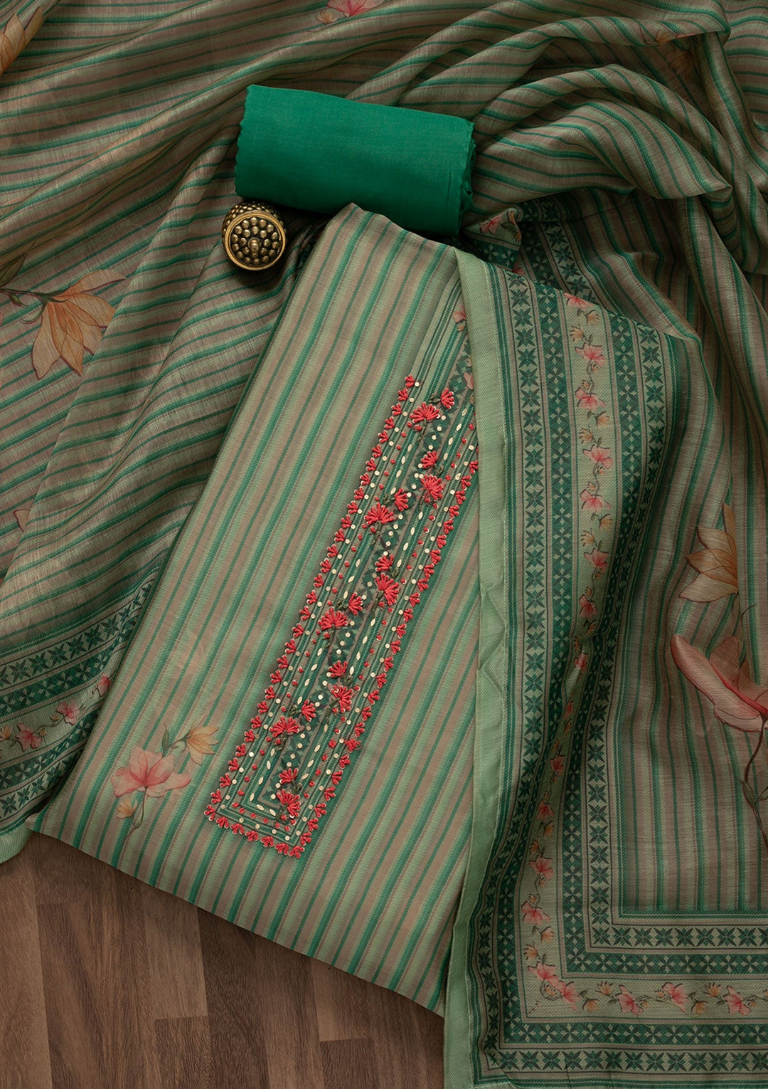 Sea Green Printed Chanderi Unstitched Salwar Suit-Koskii