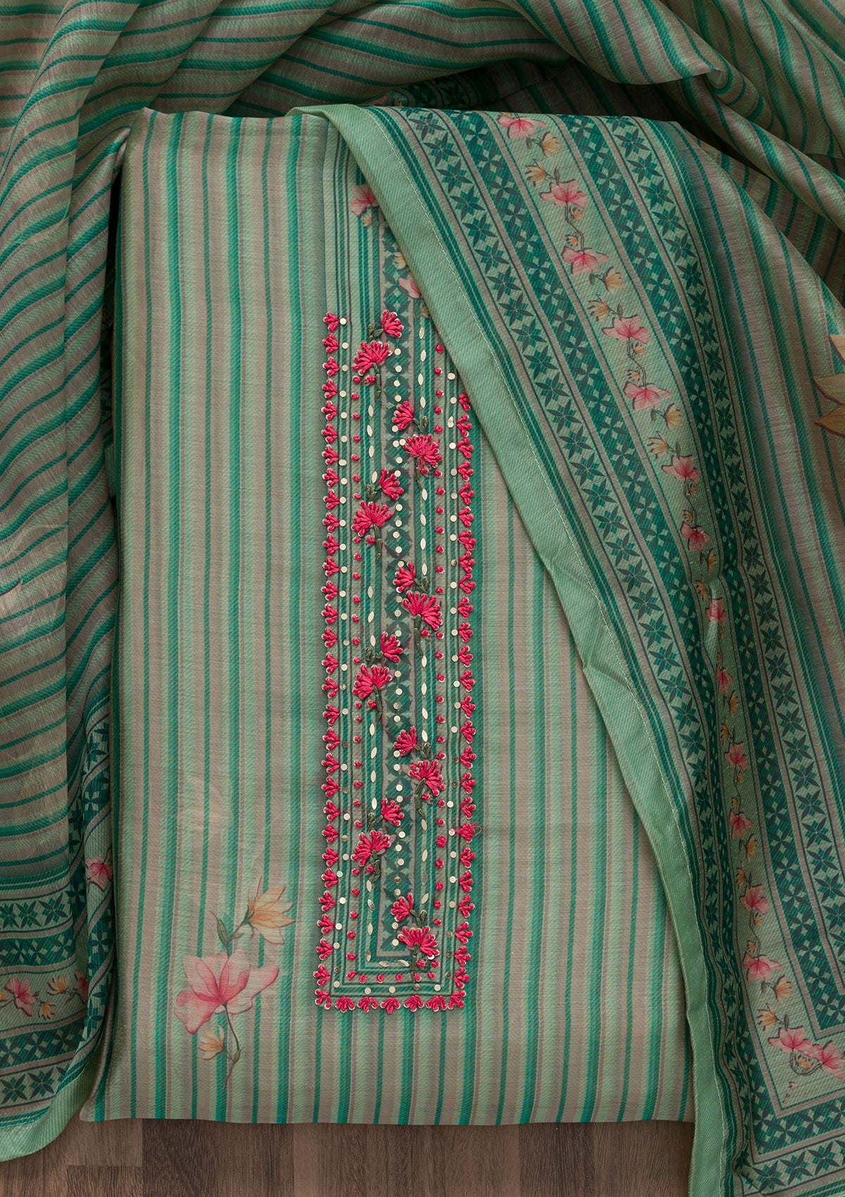 Sea Green Printed Chanderi Unstitched Salwar Suit-Koskii