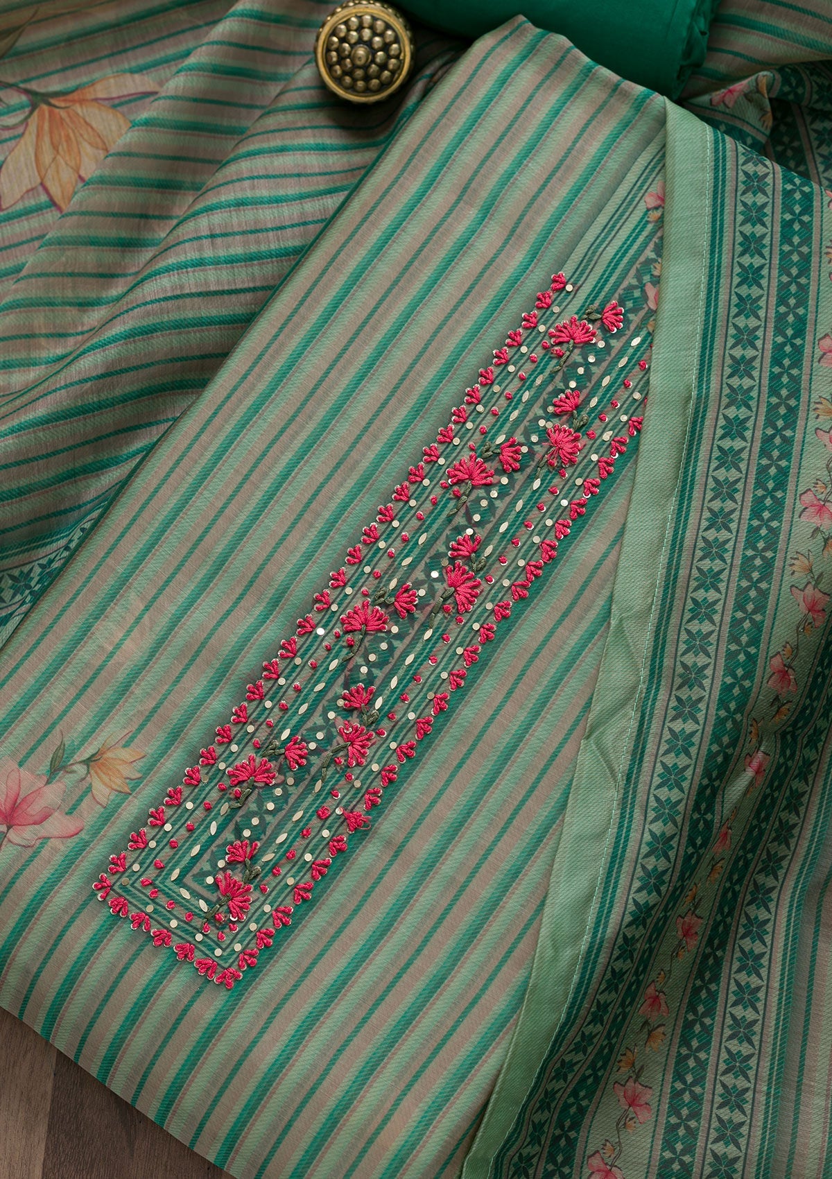 Sea Green Printed Chanderi Unstitched Salwar Suit-Koskii