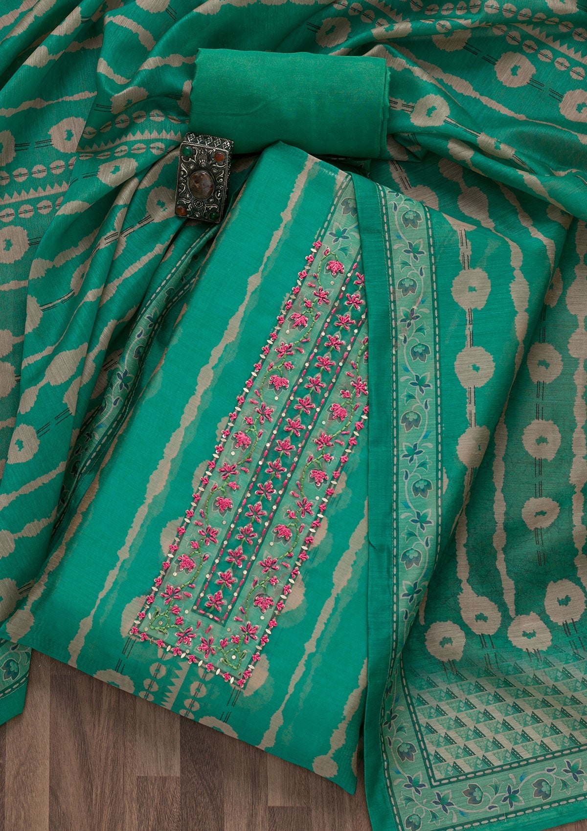 Sea Green Printed Chanderi Unstitched Salwar Suit-Koskii