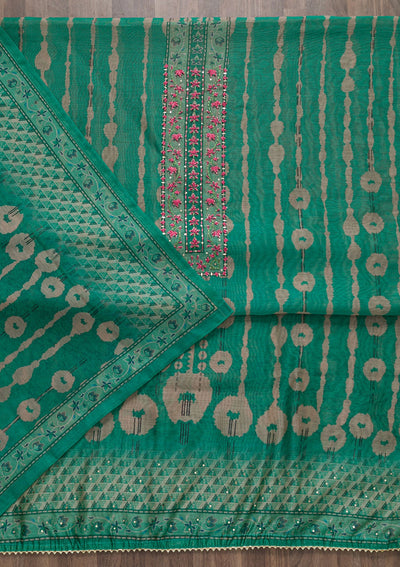 Sea Green Printed Chanderi Unstitched Salwar Suit-Koskii