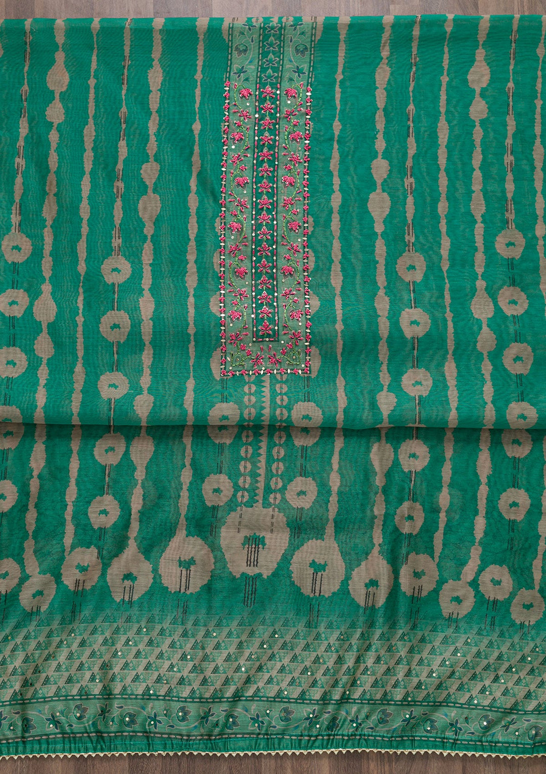 Sea Green Printed Chanderi Unstitched Salwar Suit-Koskii