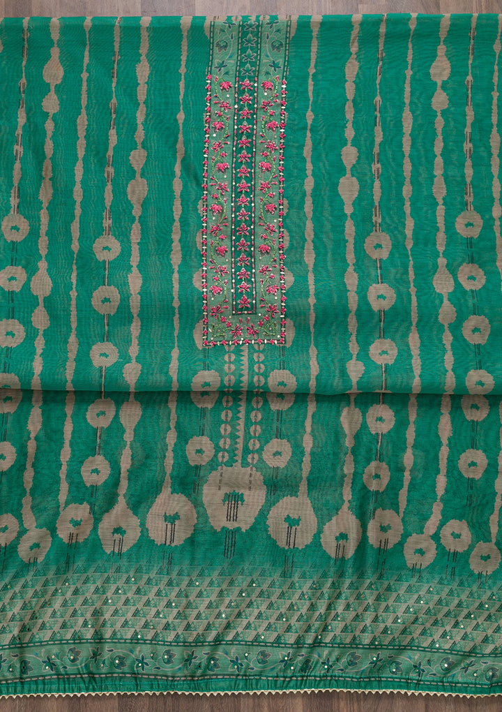 Sea Green Printed Chanderi Unstitched Salwar Suit-Koskii