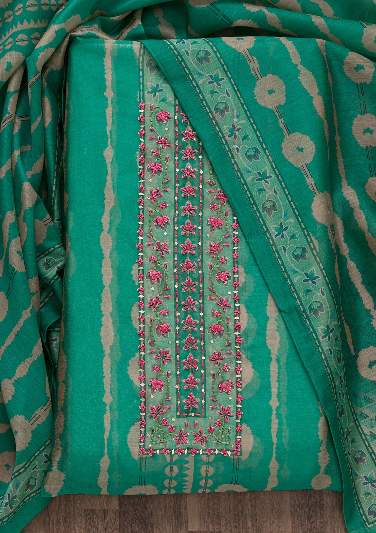 Sea Green Printed Chanderi Unstitched Salwar Suit-Koskii