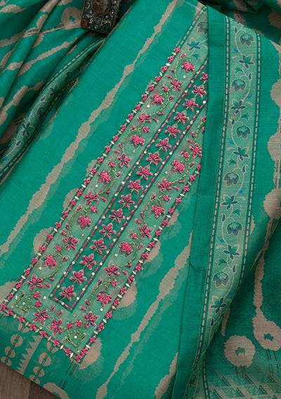 Sea Green Printed Chanderi Unstitched Salwar Suit-Koskii