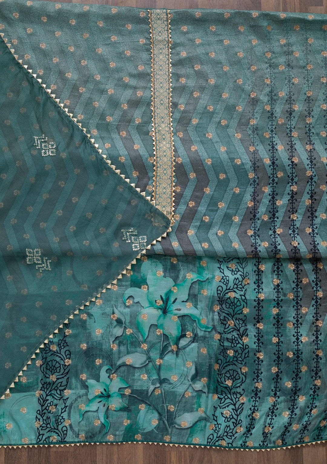 Sea Green Printed Semi Crepe Unstitched Salwar Suit-Koskii