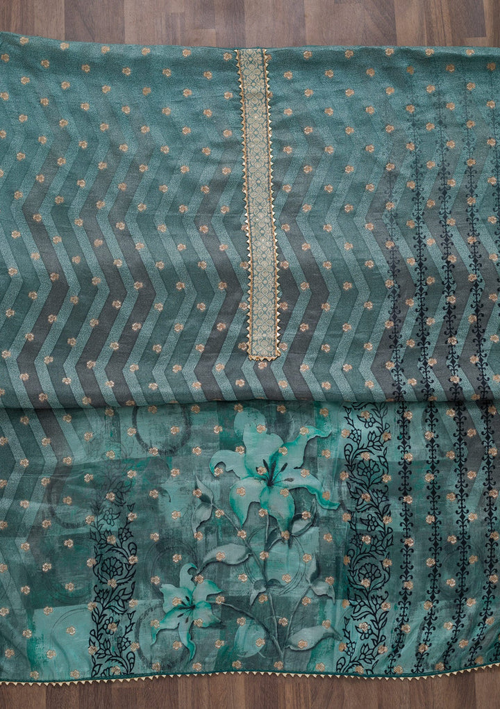 Sea Green Printed Semi Crepe Unstitched Salwar Suit-Koskii