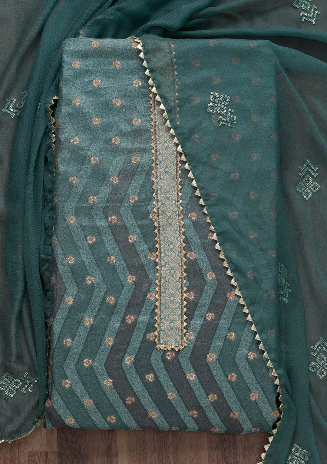 Sea Green Printed Semi Crepe Unstitched Salwar Suit-Koskii
