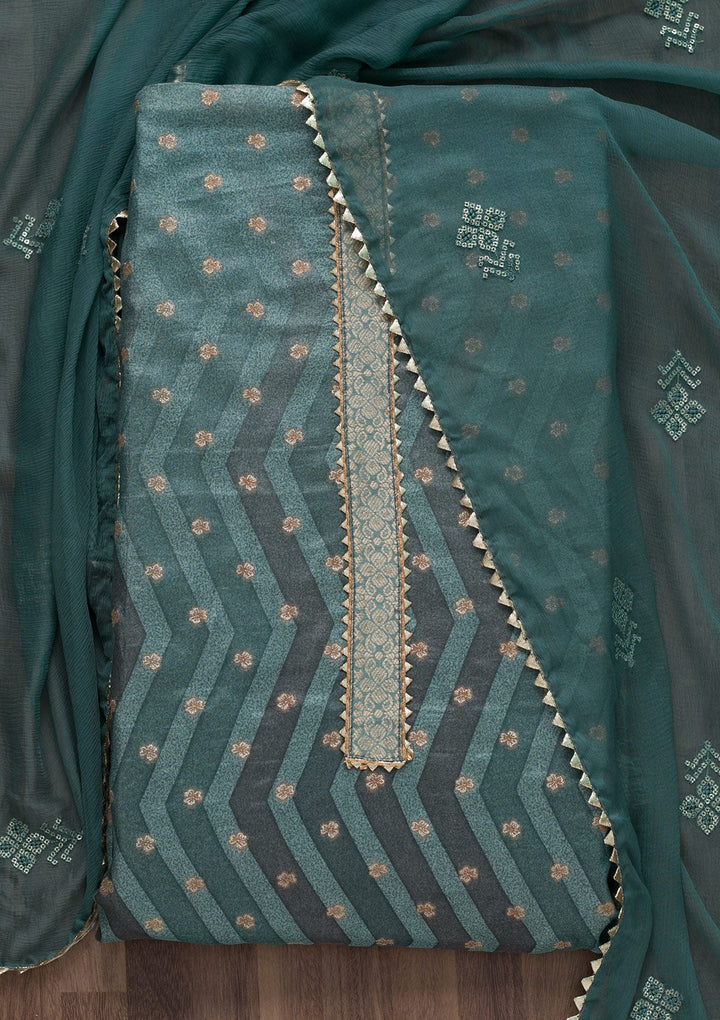 Sea Green Printed Semi Crepe Unstitched Salwar Suit-Koskii