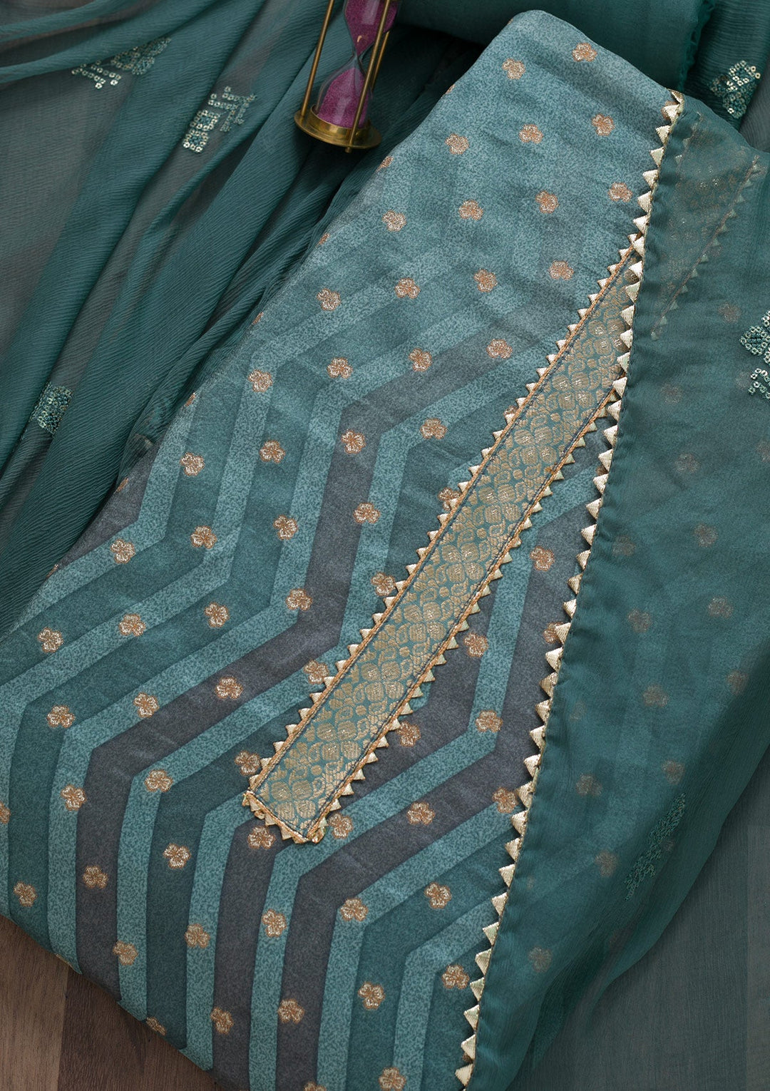Sea Green Printed Semi Crepe Unstitched Salwar Suit-Koskii