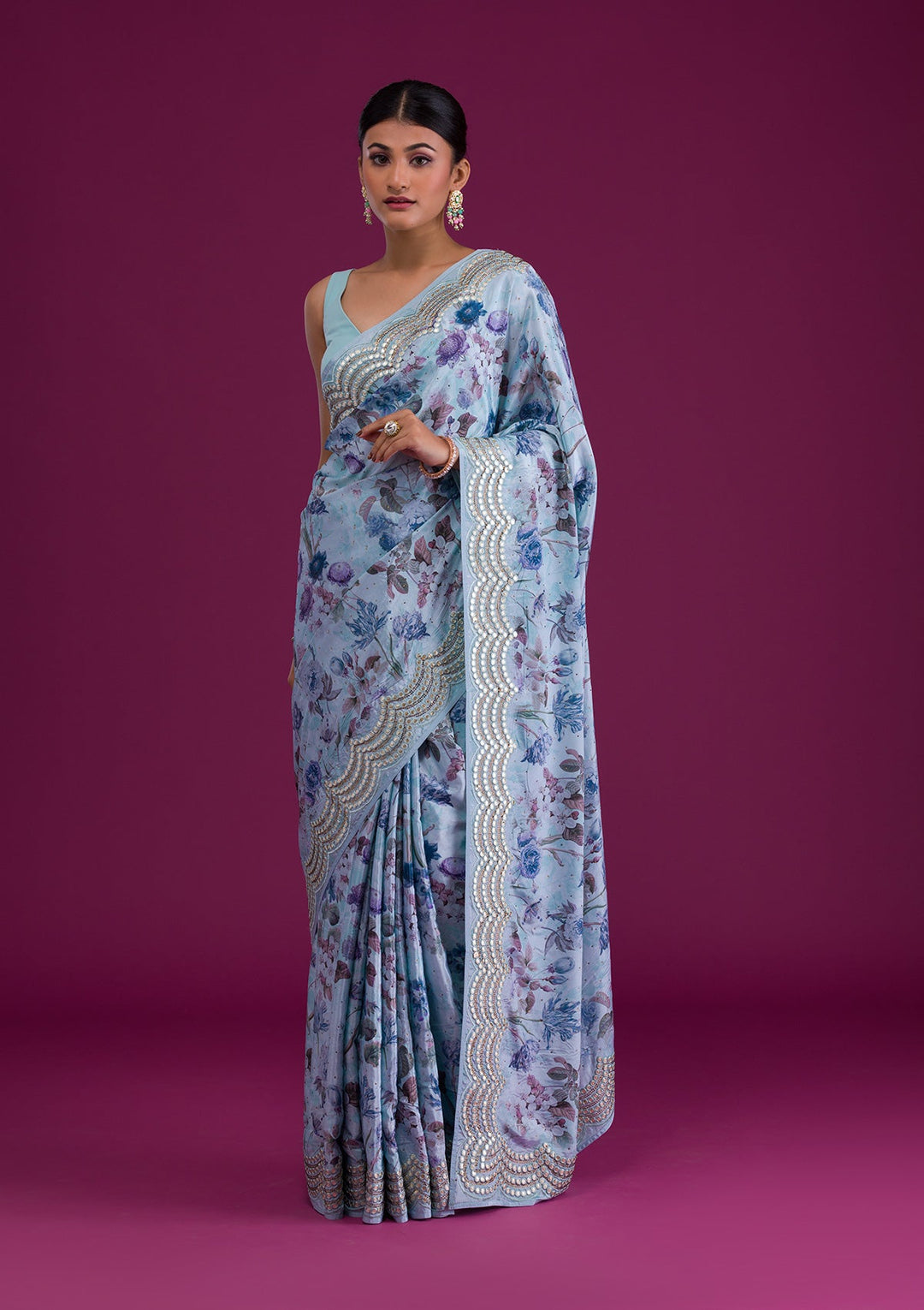 Sea Green Printed Semi Crepe Saree-Koskii