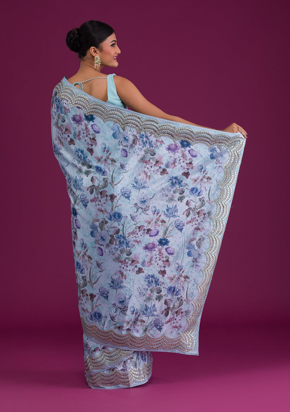 Sea Green Printed Semi Crepe Saree-Koskii