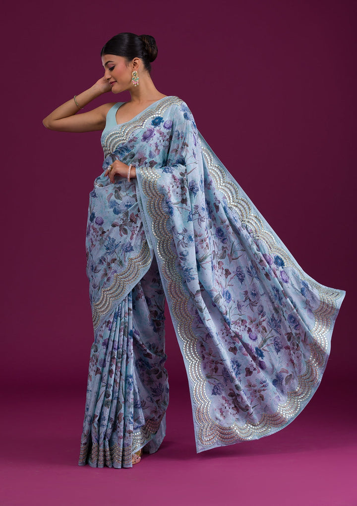 Sea Green Printed Semi Crepe Saree-Koskii