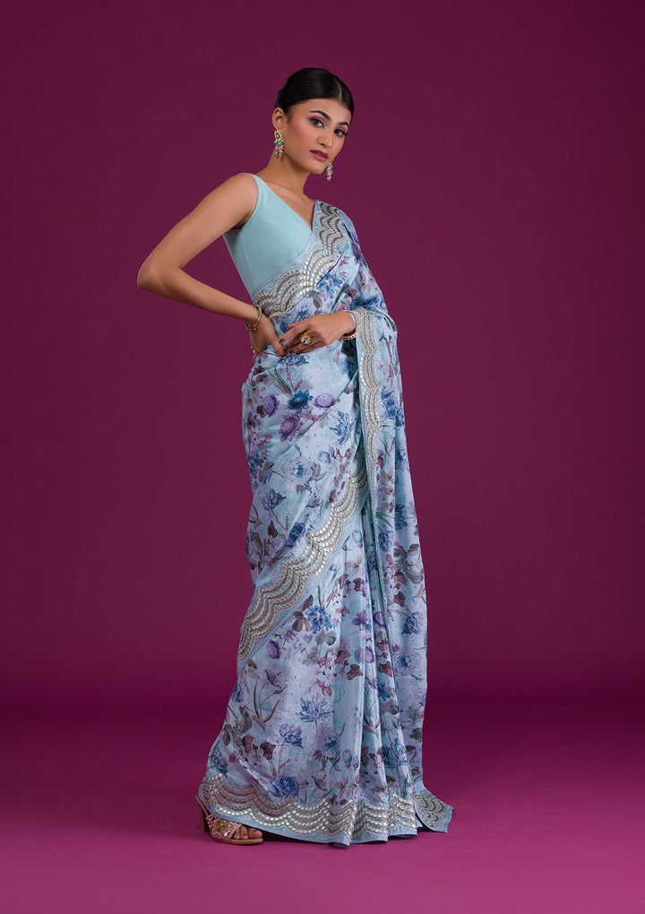 Sea Green Printed Semi Crepe Saree-Koskii