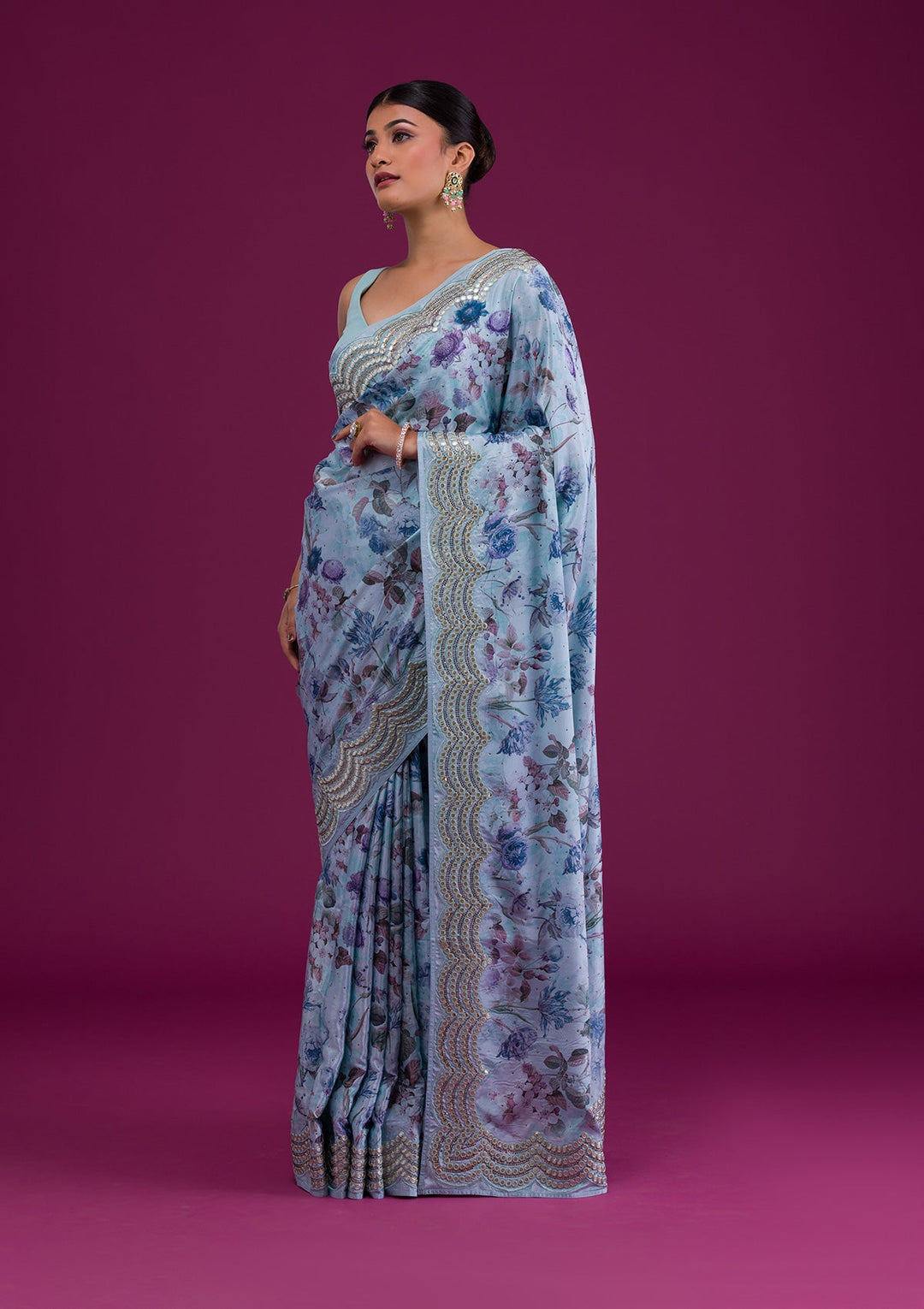 Sea Green Printed Semi Crepe Saree-Koskii