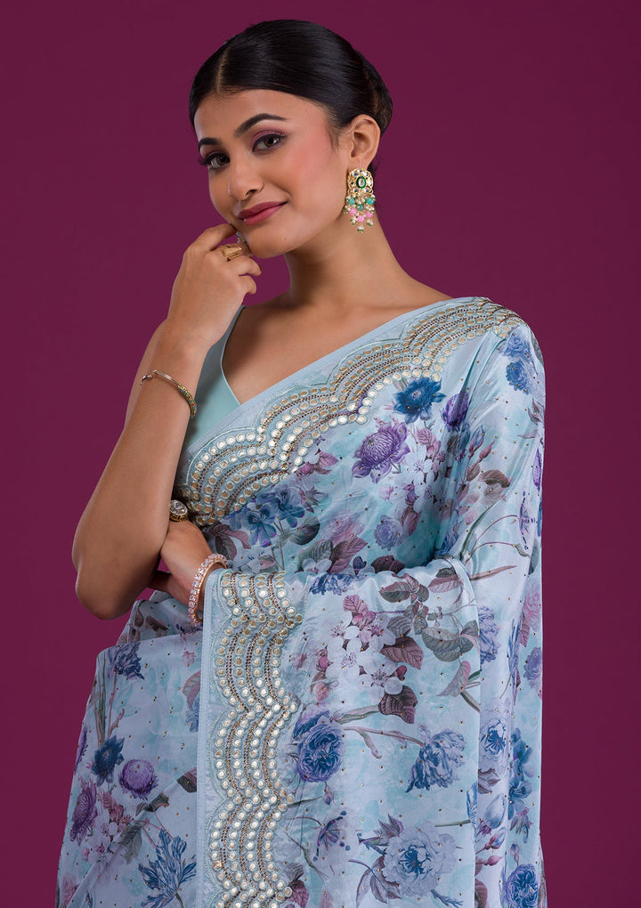 Sea Green Printed Semi Crepe Saree-Koskii