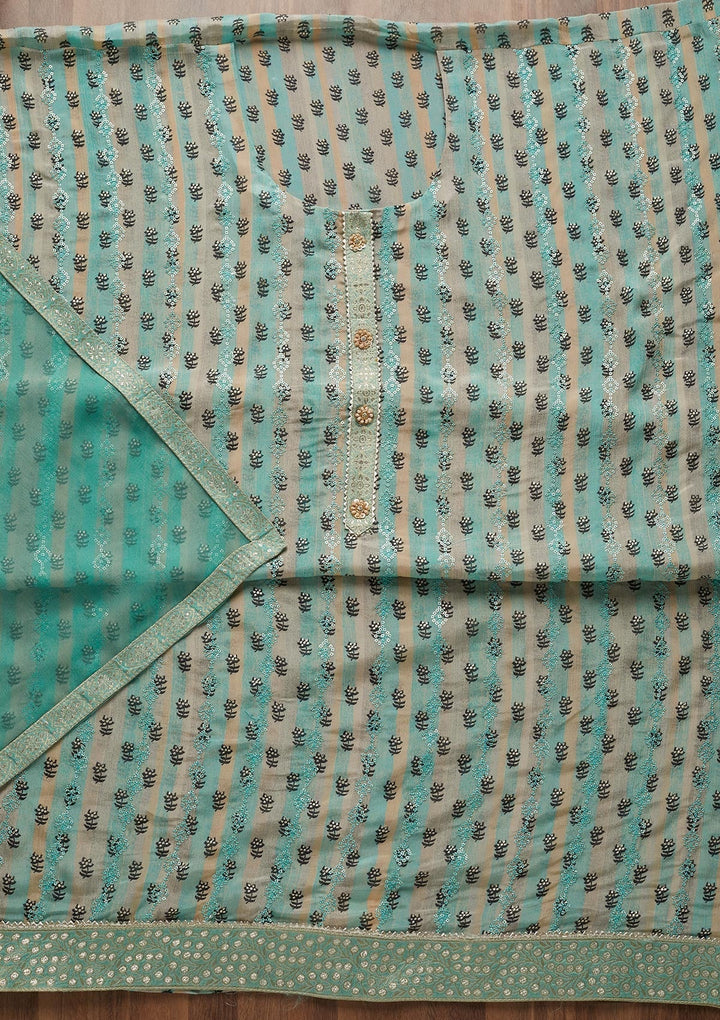 Sea Green Sequins Chanderi Unstitched Salwar Suit - Koskii