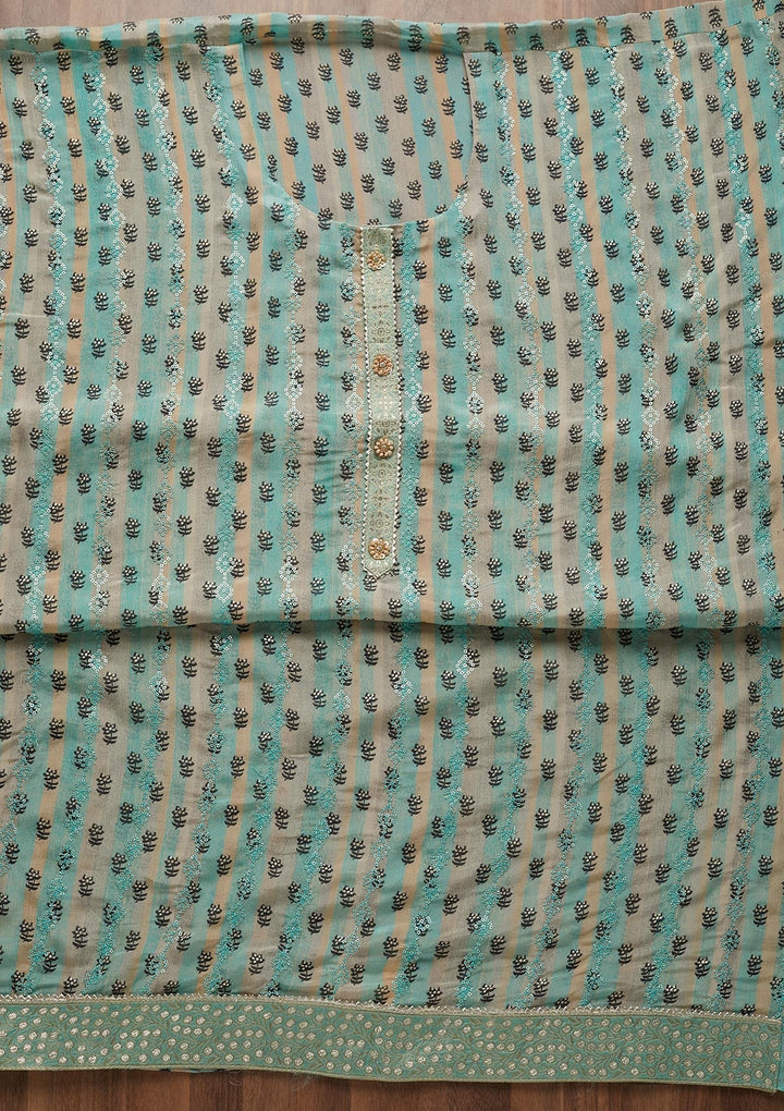 Sea Green Sequins Chanderi Unstitched Salwar Suit - Koskii