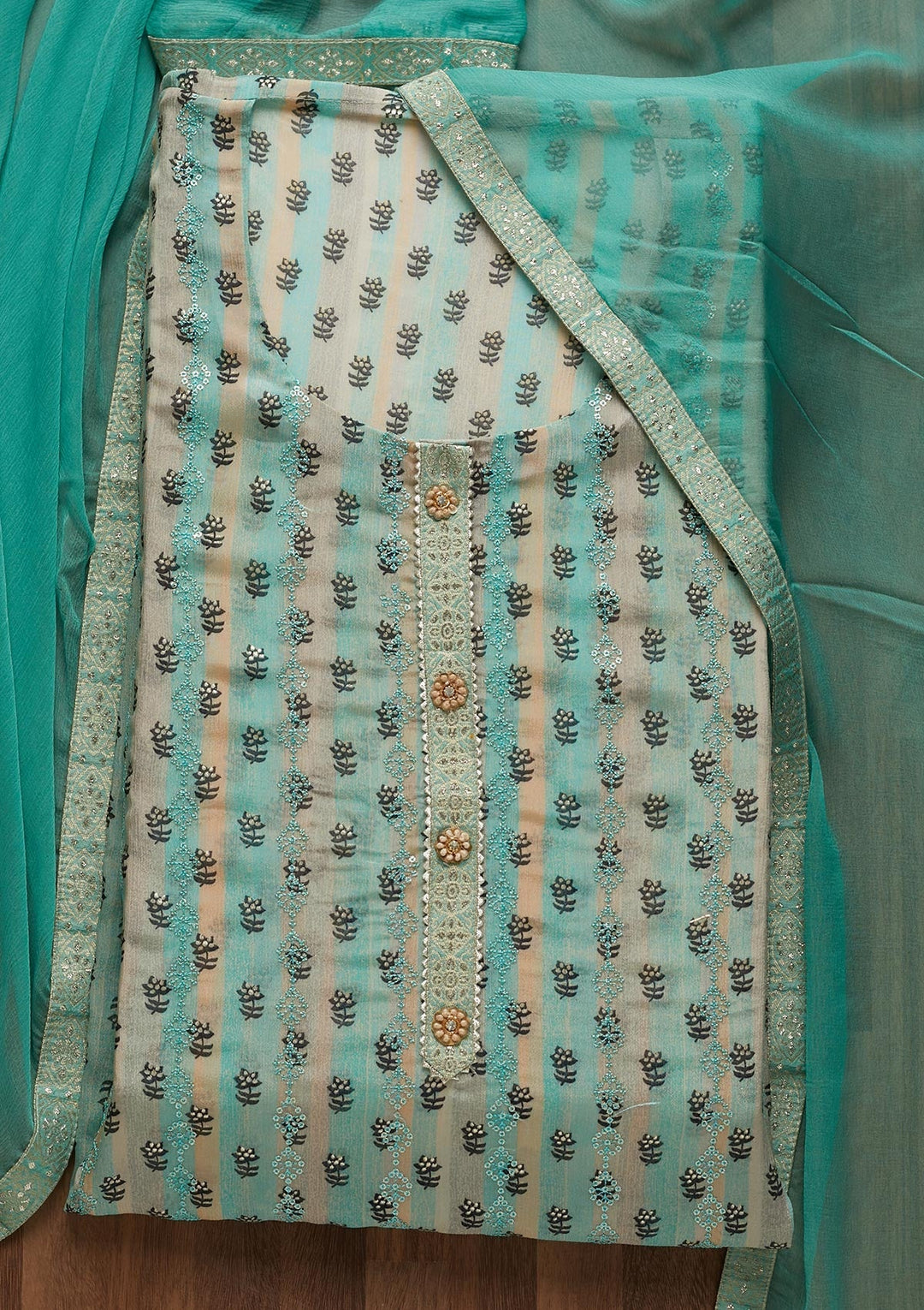 Sea Green Sequins Chanderi Unstitched Salwar Suit - Koskii