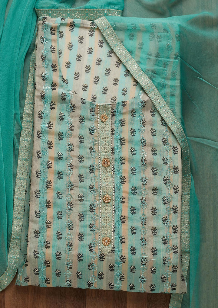 Sea Green Sequins Chanderi Unstitched Salwar Suit - Koskii