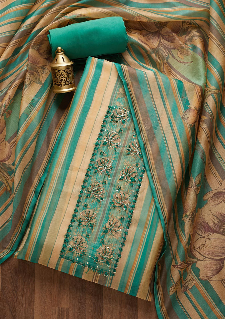 Sea Green Sequins Chanderi Unstitched Salwar Suit- Koskii