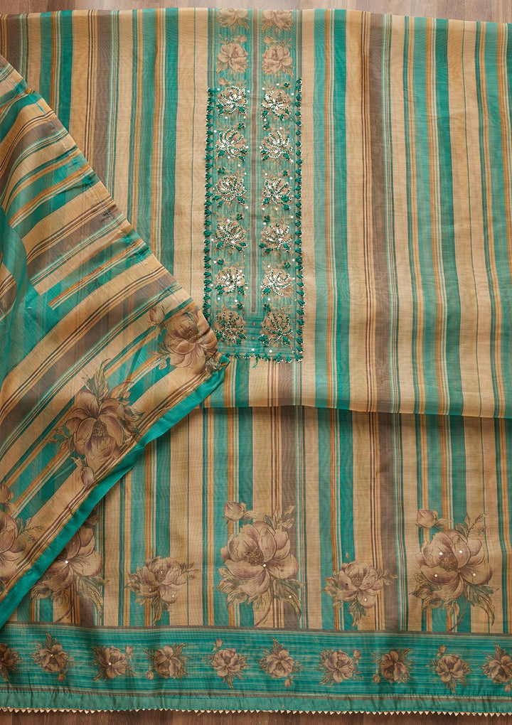 Sea Green Sequins Chanderi Unstitched Salwar Suit - Koskii