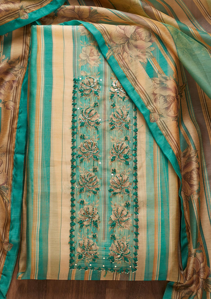 Sea Green Sequins Chanderi Unstitched Salwar Suit - Koskii