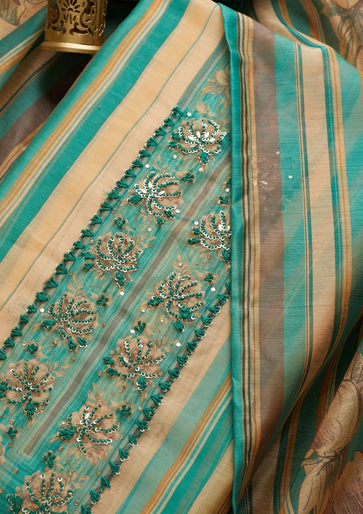 Sea Green Sequins Chanderi Unstitched Salwar Suit - Koskii