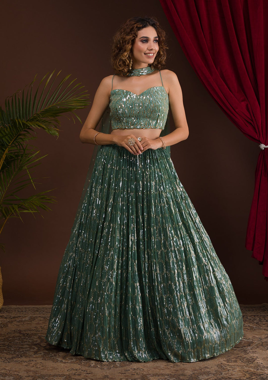 Sea Green Sequins Georgette Designer Lehenga-Koskii
