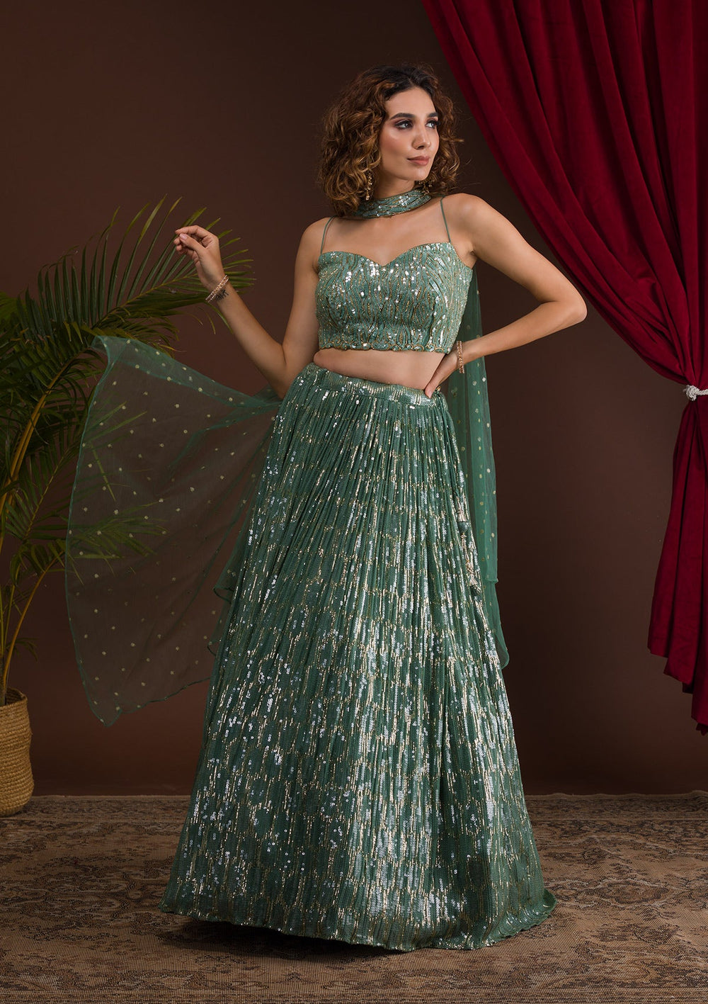 Sea Green Sequins Georgette Readymade Lehenga-Koskii