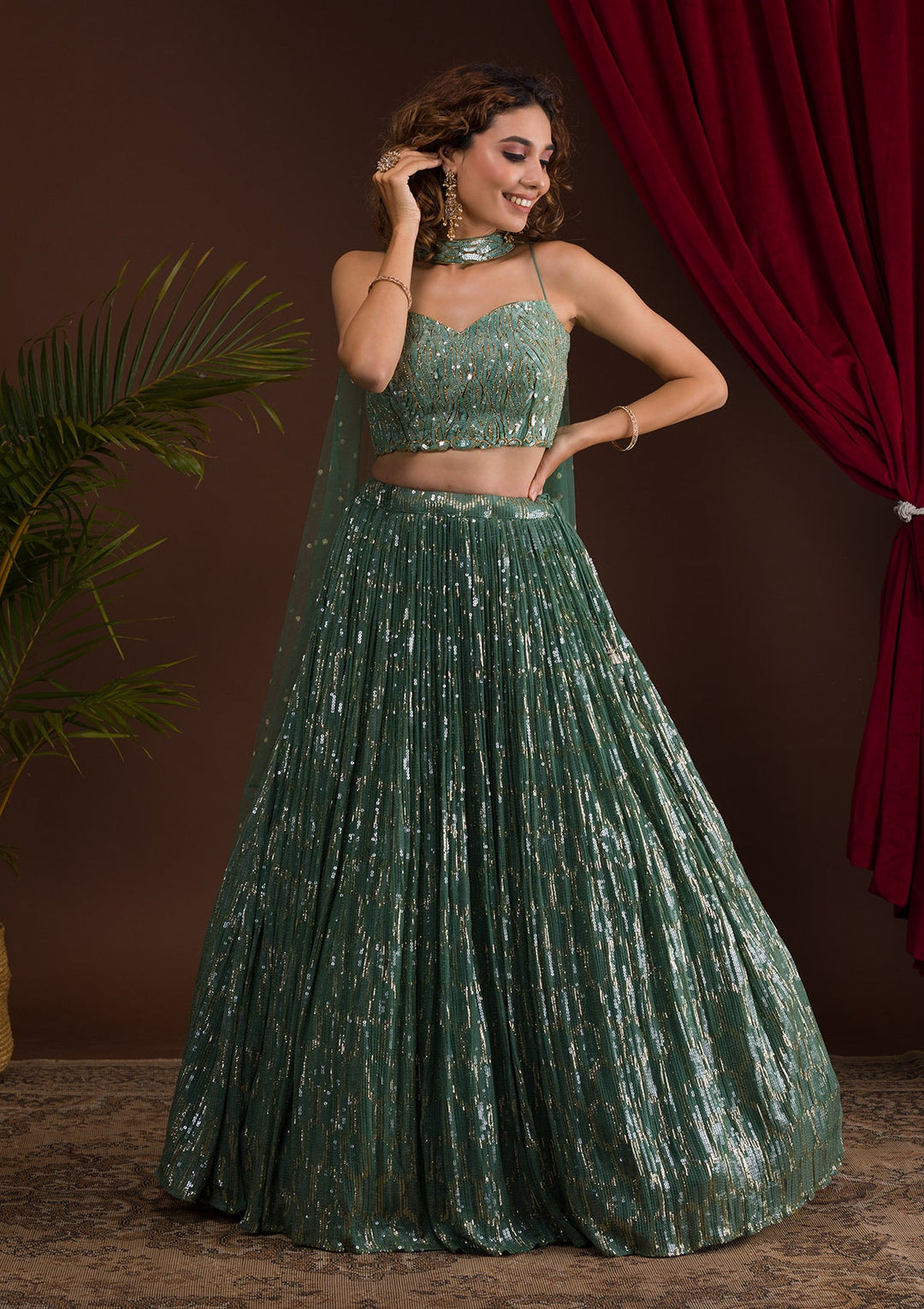 Sea Green Sequins Georgette Readymade Lehenga-Koskii