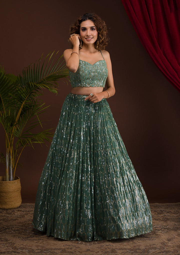 Sea Green Sequins Georgette Readymade Lehenga-Koskii