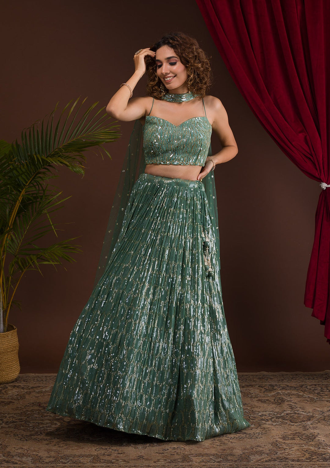Sea Green Sequins Georgette Readymade Lehenga-Koskii