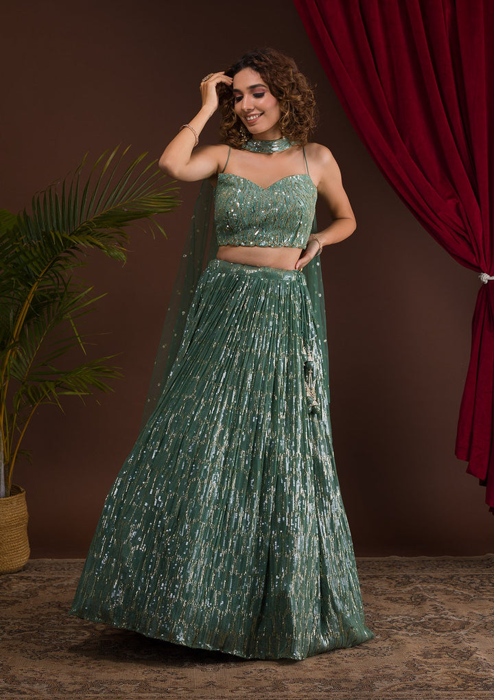 Sea Green Sequins Georgette Readymade Lehenga-Koskii
