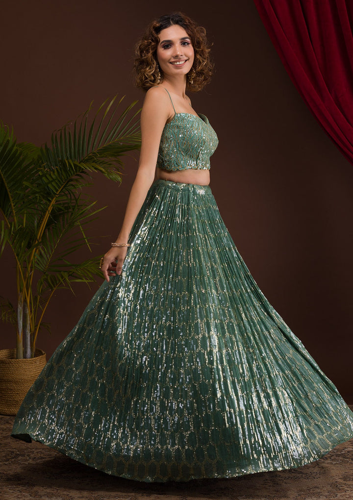 Sea Green Sequins Georgette Readymade Lehenga-Koskii