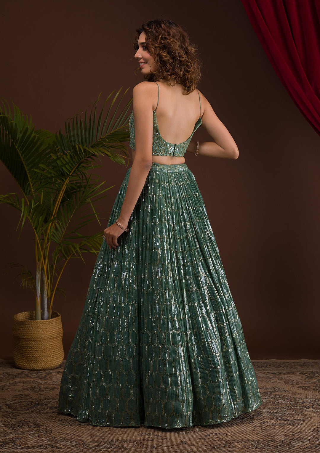 Sea Green Sequins Georgette Readymade Lehenga-Koskii