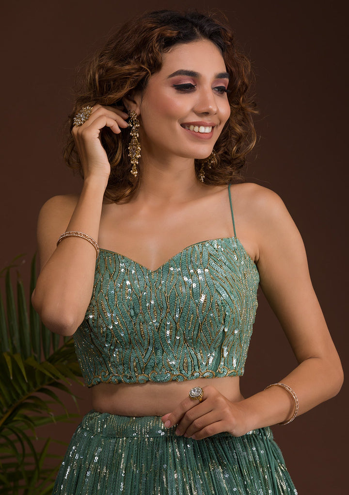 Sea Green Sequins Georgette Readymade Lehenga-Koskii